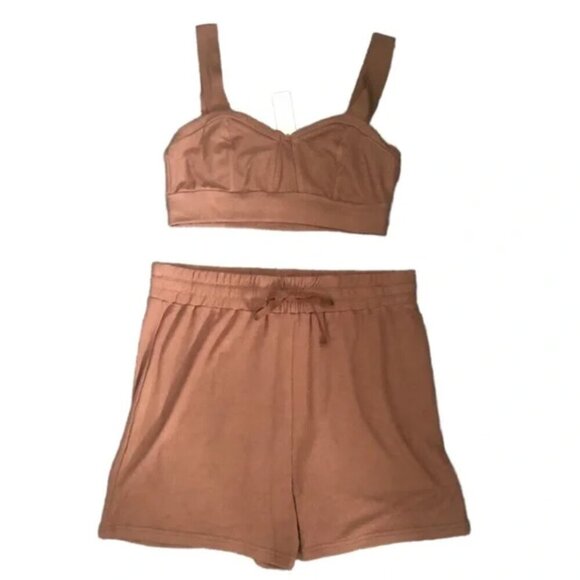 Anthropologie Dolan Two Piece Crop Top Shorts Set L NWOT Brown Shimmer Lounge - Picture 2 of 12